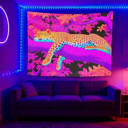 seewan Black Light Leopard Tapestry, UV-Reactive Glow-in-the-Dark Sleeping Jaguar Wall Hanging, Psychedelic Pink Jungle Animal Art Wall Decoration for Bedroom, Dorm, or Living Room Background