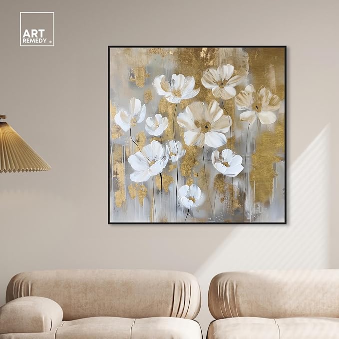 Art Remedy Golden Daisies Canvas Elegant White Gold Wall Art, Black Frame, 40" x 40"