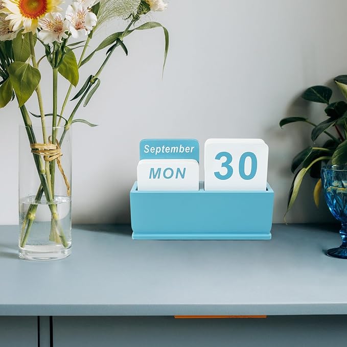 Wooden Block Perpetual Calendar for Desk, Daily Desktop Standing Flip Calendar with Large Display, Modern Farmhouse Aesthetic Desk Accessories for Home Office Decor, Reusable Yearly, Blue