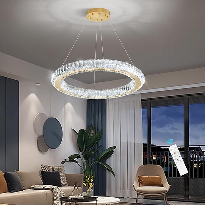 LED Chandelier Modern Dimmable Dining Room Chanderliers Entryway Crystal Ring Pendant Lights for Kitchen Bedroom Living Room Gold Light