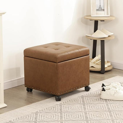 Adeco 16.7" H Vintage Golden Brown Leather Storage Ottoman with 360 Caster Wheels, Square Foot Stool with Decorative Bronze Thumb Tacks & 330 LB Load Capacity