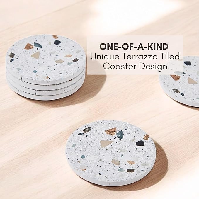 Absorbent Coaster Set of 6 with Holder, Drink Coasters for Coffee Table, Kitchen, Home Decor, Cute Ceramic Round Coasters, Alternative to Silicone, Cork or Glass Coaster (Granite with Black Holder)