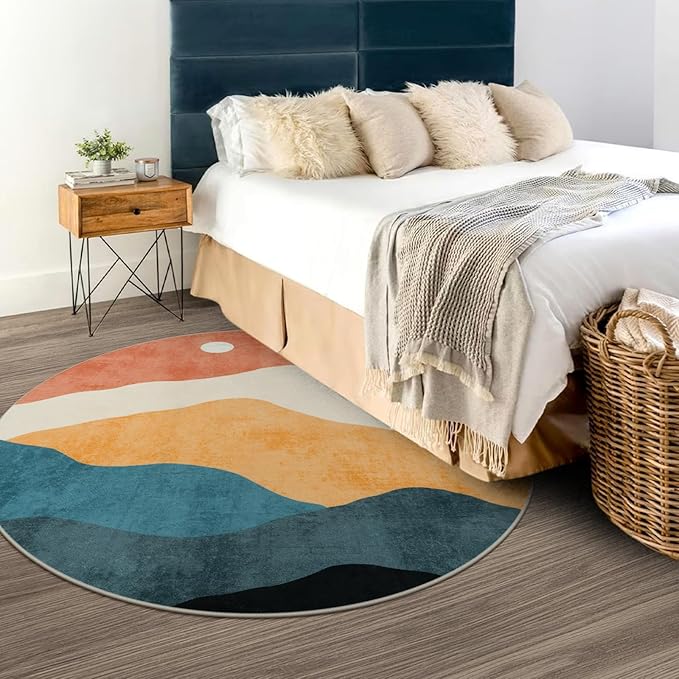 5 ft Abstract Round Rugs for Bedroom, Washable Non-Slip Circle Rug, Soft Colorful Low-Pile Floor Mat, Lightweight Indoor Throw Rugs for Living Room, Kidsroom, Entryway, Dining Room, Foyer