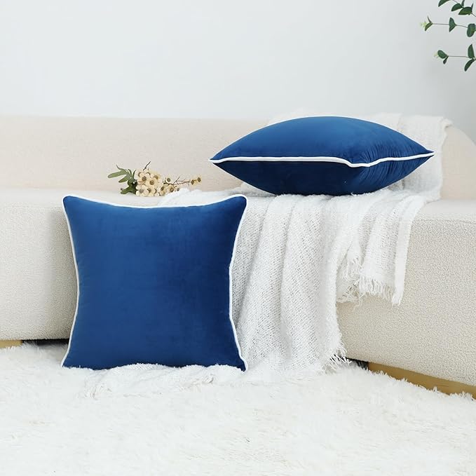 LIGICKY Set of 2 Navy Blue Velvet Throw Pillow Covers Modern Minimalist Style Solid Decorative White Rope Edging Soft Square Cushion Cases for Sofa Bedroom Party Décor, 18 x 18 inch