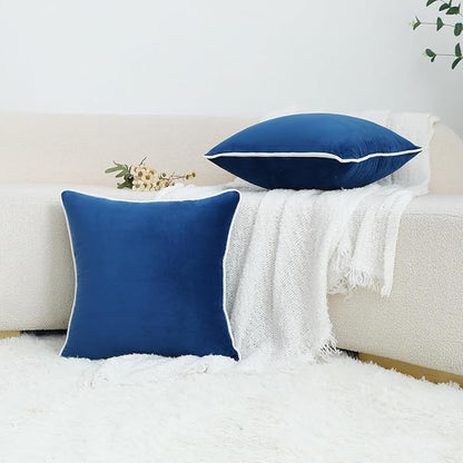 LIGICKY Set of 2 Navy Blue Velvet Throw Pillow Covers Modern Minimalist Style Solid Decorative White Rope Edging Soft Square Cushion Cases for Sofa Bedroom Party Décor, 18 x 18 inch