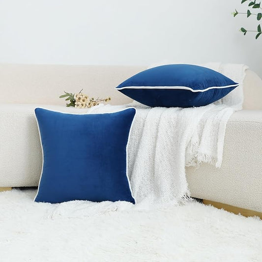 LIGICKY Set of 2 Navy Blue Velvet Throw Pillow Covers Modern Minimalist Style Solid Decorative White Rope Edging Soft Square Cushion Cases for Sofa Bedroom Party Décor, 18 x 18 inch