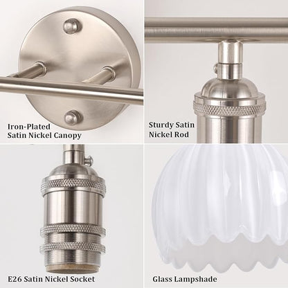 Bathroom Light Fixtures, 2-Light Vanity Wall Light Over Mirror with White Tulip Glass Shade for Bedroom Living Room (Bulb Not Included), Satin Nickel