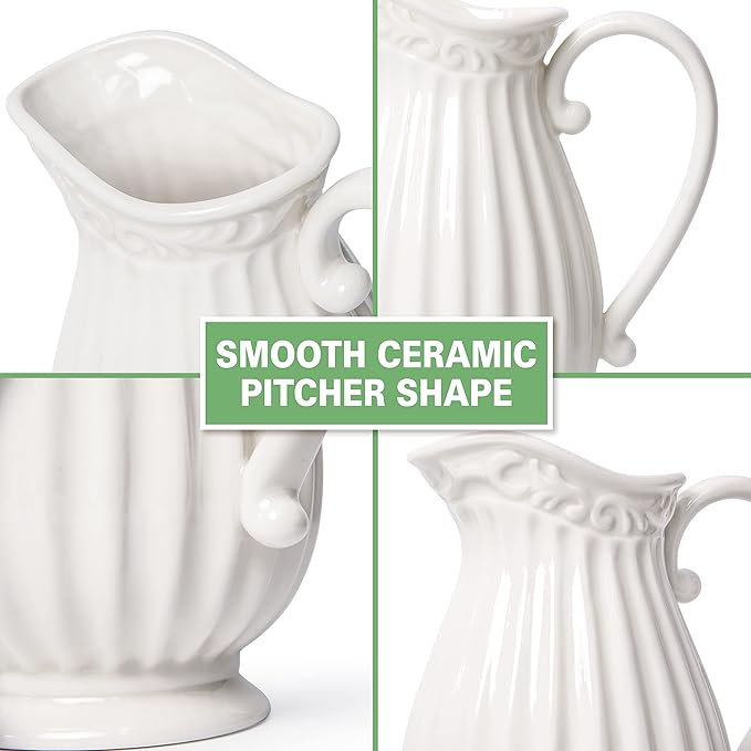 D'vine Dev 10 Inch White Ceramic Pitcher Vase for Home Décor, VS-PT-1