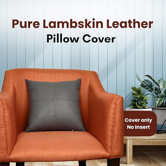 LL LEATHER LOVERS Lambskin Leather Pillow Cover, Hand Panel Stitched Leather Decorative Throw Pillow Covers for Couch Sofa Bed Living Room Garden (18x18 Inches, Grey Plain Pack of 2)
