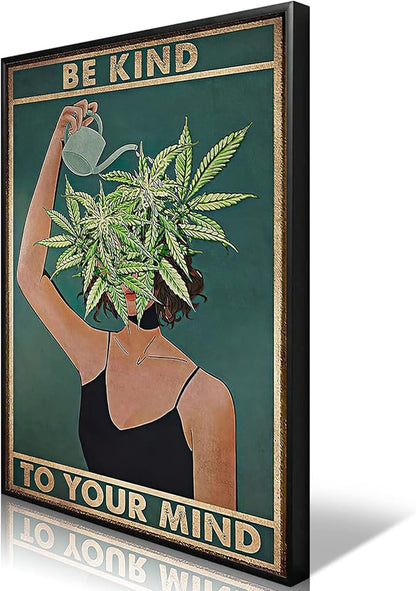 Framed Art Vintage Be Kind To Your Mind Poster Mental Health Quote Canvas Wall Art Cool Poster Unique Green Plant Girl Print Painting Retro Home Wall Decor Picture for Women Bedroom 12x16in