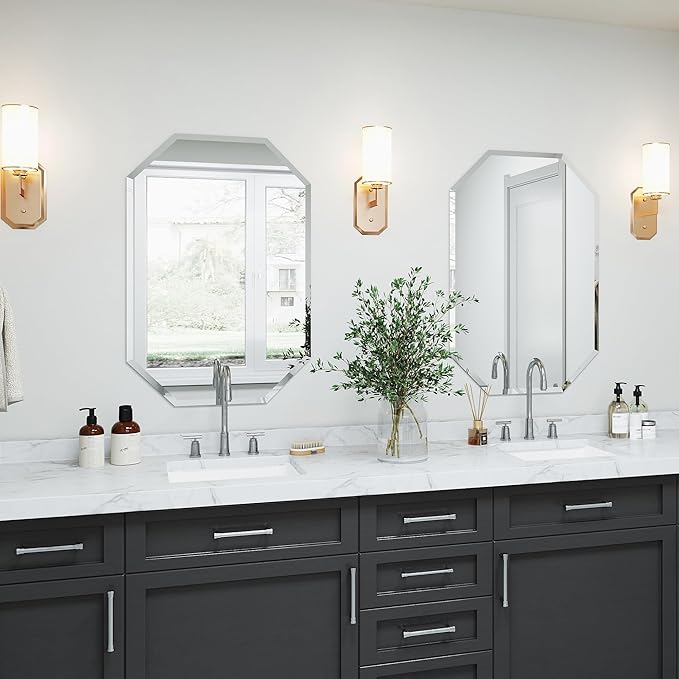 Chende 2 Packs Bathroom Mirror for Wall, 24"x30" Octagon Frameless Mirror with Beveled Edge, Vanity Mirror for Bathroom Living Room Bedroom Vertical or Horizontal