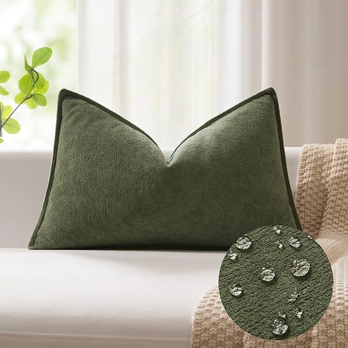 Kevin Textile 14x20 Inch Lumbar Pillow Cover 1 Pack Soft Boucle Textured Decorative Waterproof Rectangle Cushion Elegant Accent Pillow for Couch Sofa Chair Bed Home Decor Indoor Outdoor Olive Green