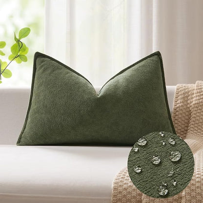 Kevin Textile 14x22 Inch Lumbar Pillow Cover 1 Pack Soft Boucle Textured Decorative Waterproof Rectangle Cushion Elegant Accent Pillow for Couch Sofa Chair Bed Home Decor Indoor Outdoor Olive Green