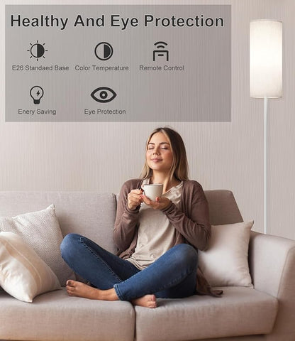 luckystyle LED Floor Lamp for Living Room, Dimmable Standing Lamps with Foot Switch,Remote Custom Color Temperature White Pole Lamp with Lampshade,12W Led Bulb Tall Lamps for Bedroom Office Kid Room