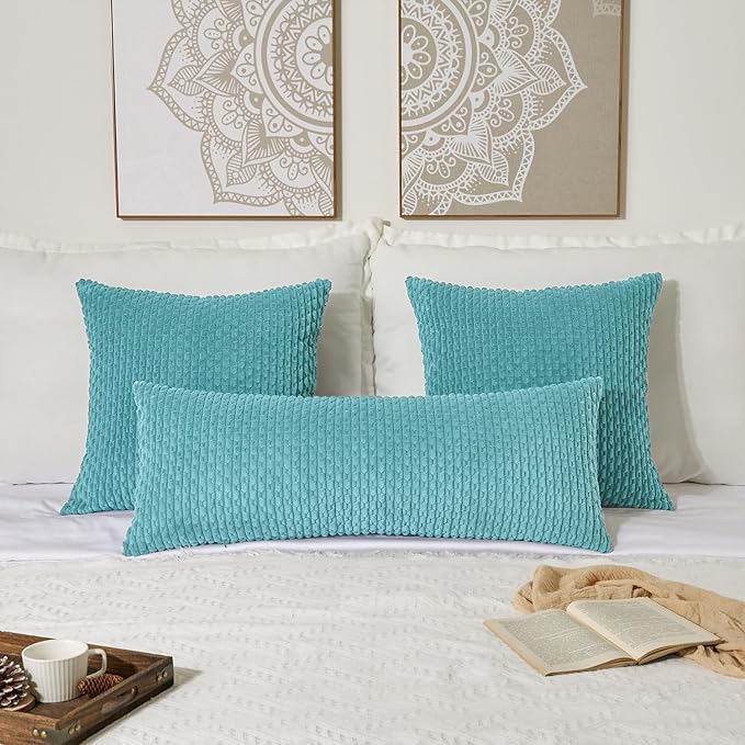 Kevin Textile 20x54 Inch Long Body Lumbar 1 Pack Boho Decorative Throw Pillow Cover Soft Striped Corduroy Rectangle Cushion Case Farmhouse Accent for Living Room Couch Sofa Bed, Aqua Green