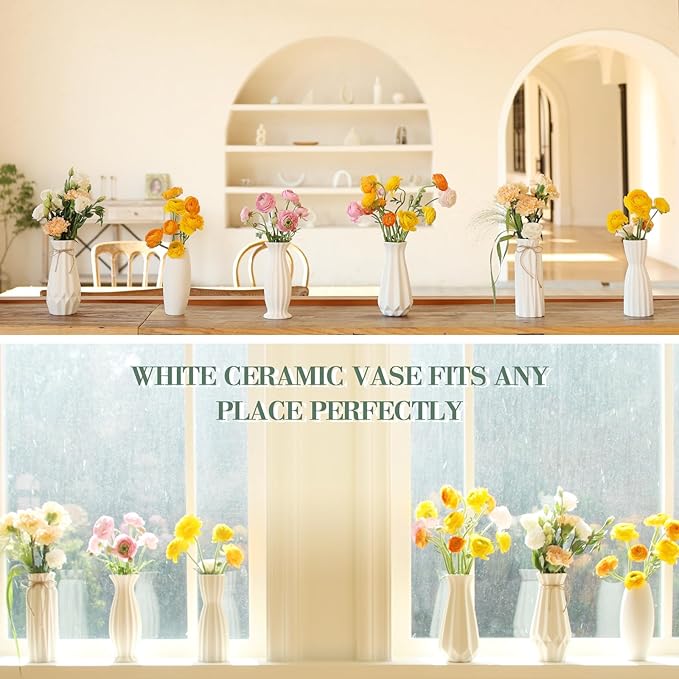 6 Pack White Ceramic Vase, Flower Vase Textured Table Centerpiece Weddings Vases with Twine Bow, Modern Home Decor, Fit for Foyer Living Room Fireplace Bedroom Kitchen 7.09-8.27" H