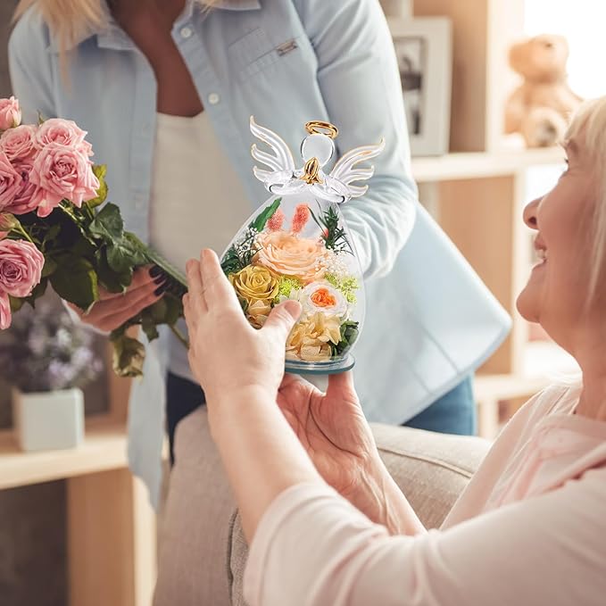 Gifts for Mom Birthday Gifts for Women Preserved Rose Forever Flower in Glass Angel Figurines Fresh Flowers for Delivery Mothers Day Anniversary Real Colorful Roses for Grandma Her Wife from Daughter