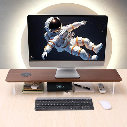 SUIBIAN Wooden Monitor Stand Riser with Wireless Charging 31.5Inch Large, Computer Monitor Stand,Wooden Desktop Organizer Shelf for Office Desk Computer,Laptop,TV (Walnut Wood)