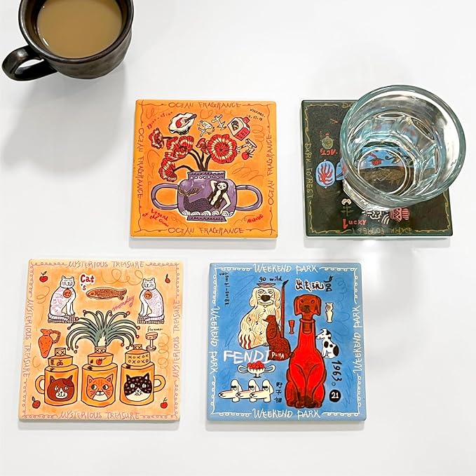 SAMCAM Colorful Art Coasters Set of 4 - Absorbent Ceramic Coasters with Protective Cork Back for Drinks, Cute Table Decor & Gift for Housewarming, 4 Inch