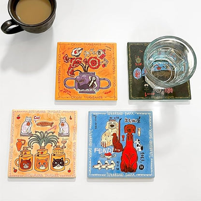 SAMCAM Colorful Art Coasters Set of 4 - Absorbent Ceramic Coasters with Protective Cork Back for Drinks, Cute Table Decor & Gift for Housewarming, 4 Inch