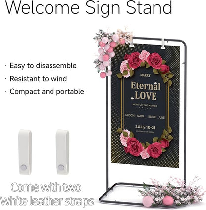 Wedding Sign Holder,Adjustable Welcome to Our Wedding Sign Stand with 2 Pack Leather Hanging Straps Heavy Duty Easel Rack Seating Chart Metal Stand for Birthday Party Baby Shower Graduation Ceremony Decoration,Black