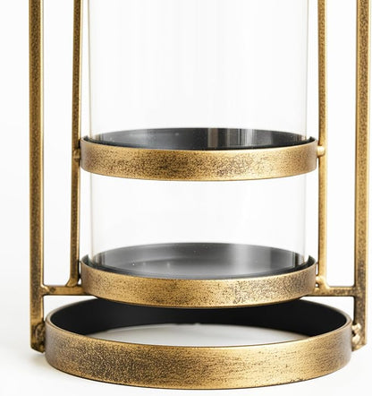 Glass Hurricane Candle Holders, Pillar Candle Holders, Metal Windproof Lantern for Industrial, Modern Farmhouse, Traditional & Vintage Home Decor, Wedding, Party, Antique Gold