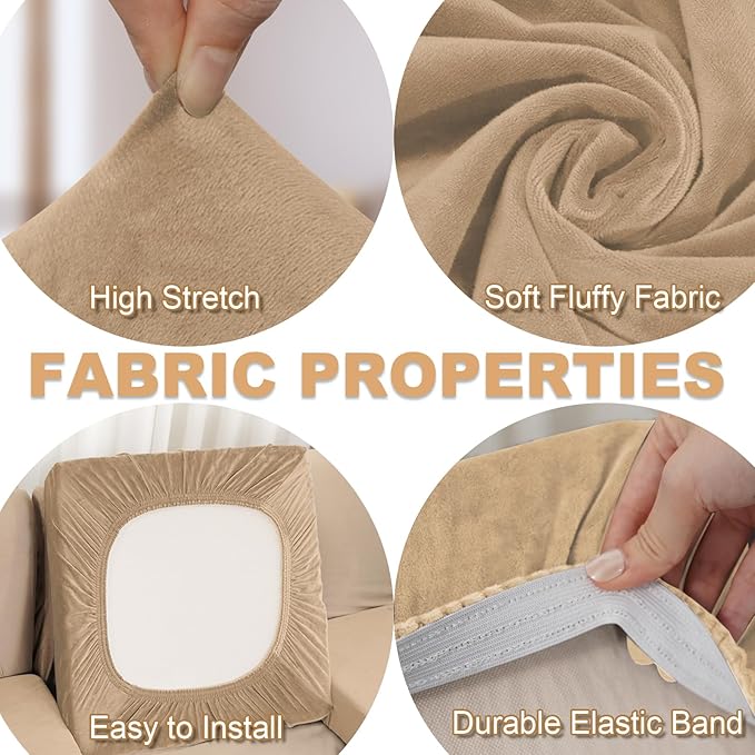 Sectional Couch Covers for 4-Piece Seat Cushion Velvet Separate L Shape Couch Cover Stretch Sofa Slipcover with 2 Pieces Pillowcases Furniture Protector (Sofa 3 Seater + 1 Chaise, Camel)