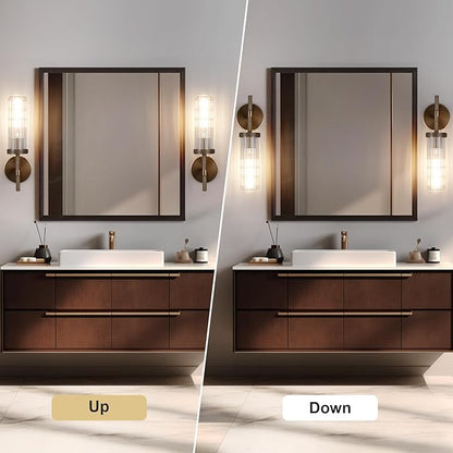 15" Knurled Brass Wall Sconces Set of 2, Bronze Bathroom Vanity Light Fixtures with Vertical Striped Glass Tube, Modern Lamp Lighting for Bedroom, Living Room, Hallway, Staircase, Mirror, Kitchen