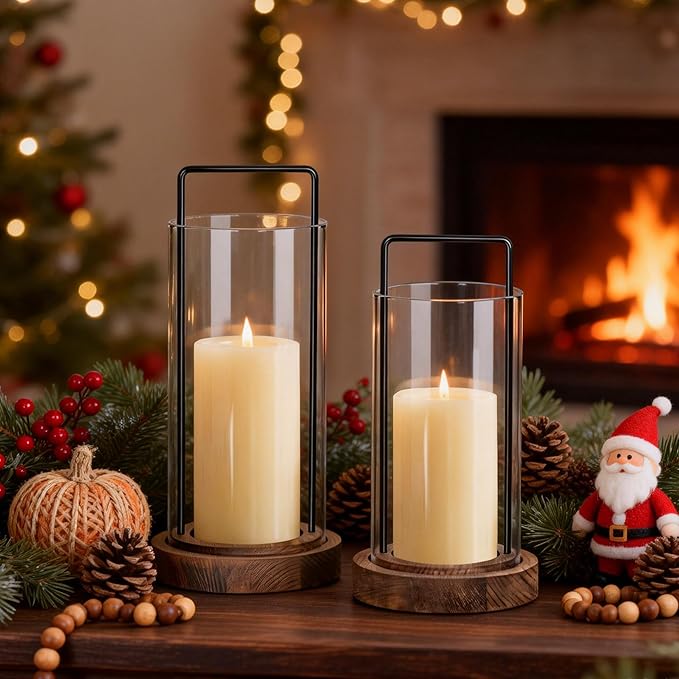 Houmury Set of 2 Brown Hurricane Candle Holders Lantern 12” & 10”with Wood Base Metal Handle Glass Cylinder Modern Farmhouse Decor for Home Decor, Table Centerpieces (Brown)