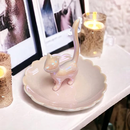 ROSA&ROSE Cat Ring Holder Trinket Tray Ceramic Jewelry Dish Porcelain Ring Organizer Gift for Women, Girlfriend or Valentine's Day (Pink)