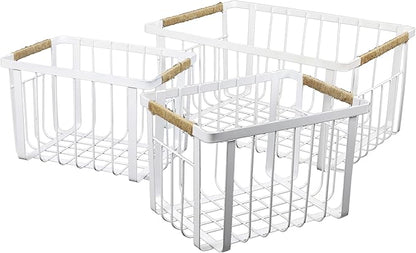 happimess BSK3003B-3SET Henley Vintage Farmhouse Wire Metal Nesting Storage Baskets with Jute Wrapped Handles for Shelves, Cabinets, Pantry, Countertop, Mesh Open Bin Basket, White (Set of 3)