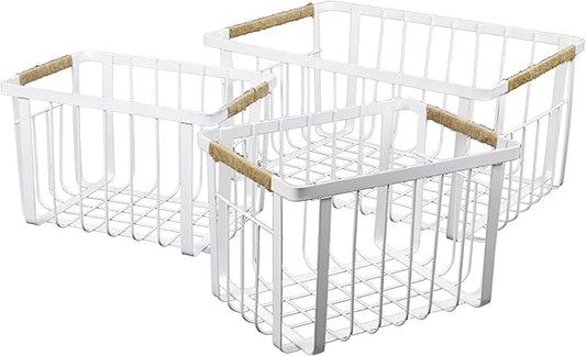 happimess BSK3003B-3SET Henley Vintage Farmhouse Wire Metal Nesting Storage Baskets with Jute Wrapped Handles for Shelves, Cabinets, Pantry, Countertop, Mesh Open Bin Basket, White (Set of 3)