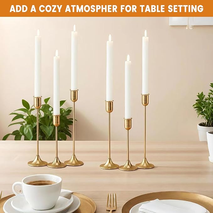 6 Pcs Brass Gold Candle Holders Set, Candelabra Tall Candle Stand, Metal Taper Candlestick Holders for Dining, Table Centerpieces & Vintage Home Decor– Housewarming Gift, Mantel Decor