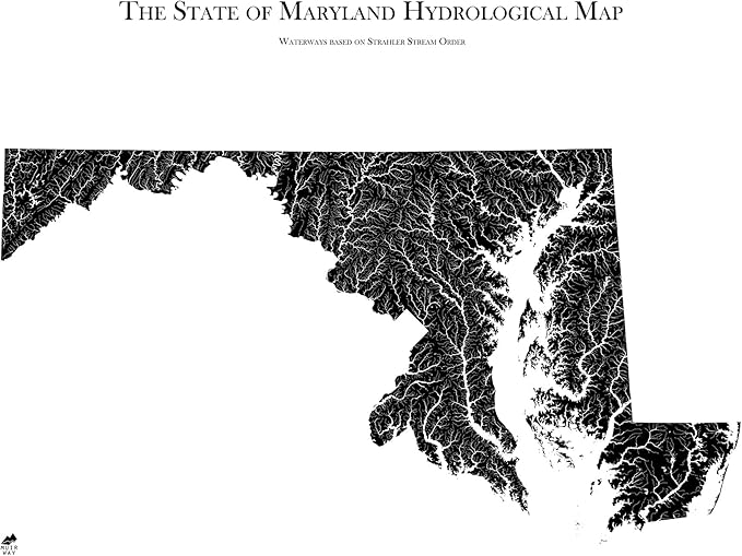Muir Way Hydrological River Map of Maryland - Watershed Topographic Wall Art for Home, Office, or Travel Decor - Unframed Flat Paper Print, 18x24