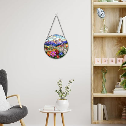 Valley Stained Glass Window Hanging, 7.8" Round Sun Catcher Hand Painted Wall Art Decor with Chain, Unique Housewarming Gifts for Couples, Home