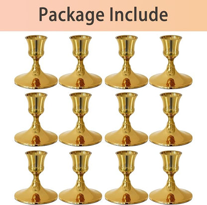 Vintage Gold Taper Candle Holders, Set of 12, Metal Taper Candlestick Holder for Dinner Room Table Centerpiece, Wedding Reception, Festive,Mantel Decoration, Home Decor (Titanium Gold)