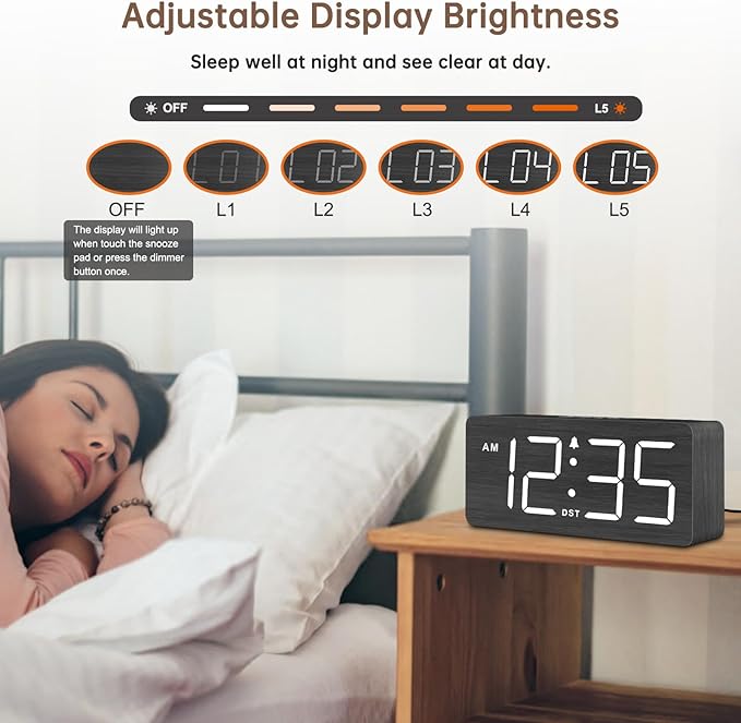 DreamSky Wooden Digital Alarm Clock for Bedroom - Loud Alarm Clock for Heavy Sleepers with Volume Control, Desk Clocks for Living Room with Large Numbers, Dimmer, DST, Wood Decor (Plug in Clock)