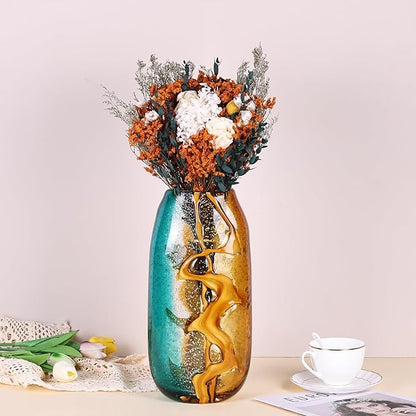 Teal Glass Vase,Hand Blown Green Flower Bulk,Murano Glass Vases,Unique Table Decor, Flowers with Decorative,Teal Vase Decor,for Bookshelf,Living Room,Office,Gift (L)
