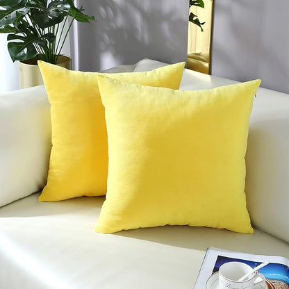 mixeoo Comfy Lemon Yellow Throw Pillow Covers Decorative Square Solid Thick Velvet Super Soft Cushion Cases Home Decor for Sofa Couch Living Room Chair, Set of 2, 18 x 18 Inch