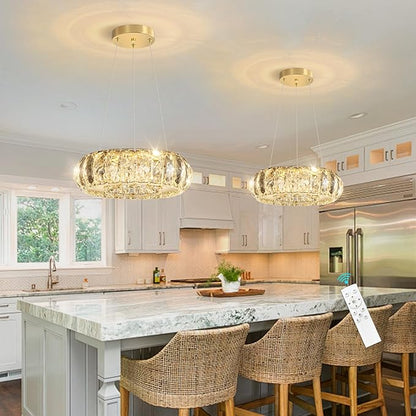 Crystal Round Chandelier Modern LED Dining Pendant Lights for Kitchen Island Dining Room Remote Dimmable Hanging Light Entrance Bedroom Lighting Gold