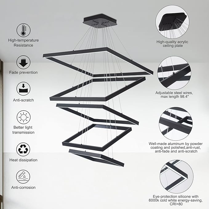 Square Led Chandelier Modern Hanging Light 5-Rings Contemporary Ceiling Pendant Light Dimmable Pendant Light for Living Room Kitchen Dining Room 15.7"+19.6"+23.6"+27.5"+31.4" Black 110V 180W