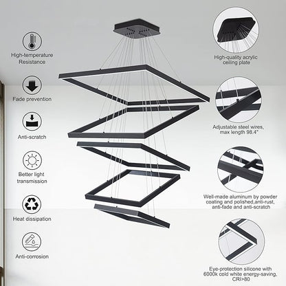Square Led Chandelier Modern Hanging Light 5-Rings Contemporary Ceiling Pendant Light Dimmable Pendant Light for Living Room Kitchen Dining Room 15.7"+19.6"+23.6"+27.5"+31.4" Black 110V 180W
