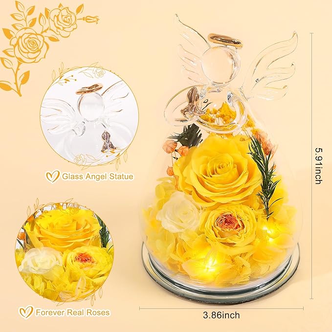Gifts for Women Preserved Rose Forever Flower in Glass Angel Figurines Fresh Flowers for Delivery Prime Mothers Day Birthday Gifts for Mom Real Yellow Roses for Grandma Sister Wife Her from Daughter