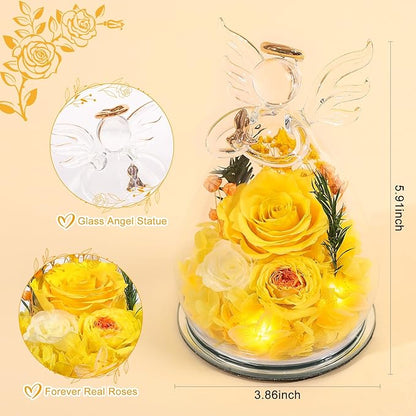 Gifts for Women Preserved Rose Forever Flower in Glass Angel Figurines Fresh Flowers for Delivery Prime Mothers Day Birthday Gifts for Mom Real Yellow Roses for Grandma Sister Wife Her from Daughter