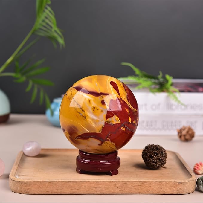 JIC Gem Natural Eggs Yolk Quartz Ball Sphere Big Gemstone Ball Healing Crystal Decorative Ball with Stand Chakra Meditation Reiki Desktop Decoration 9-10cm