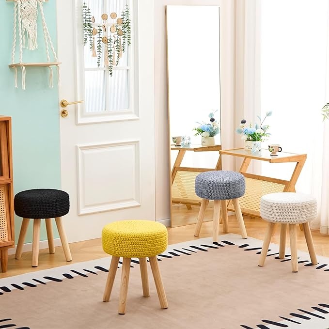 Wimarsbon Pouf Ottoman, 100% Cotton Knitted Boho Footstool, Round Footrest with Non-Skid Wood Legs, Home Décor Handmade Pouffe, Leisure Floor Step Stool for Living Room (Long Leg - Gery)