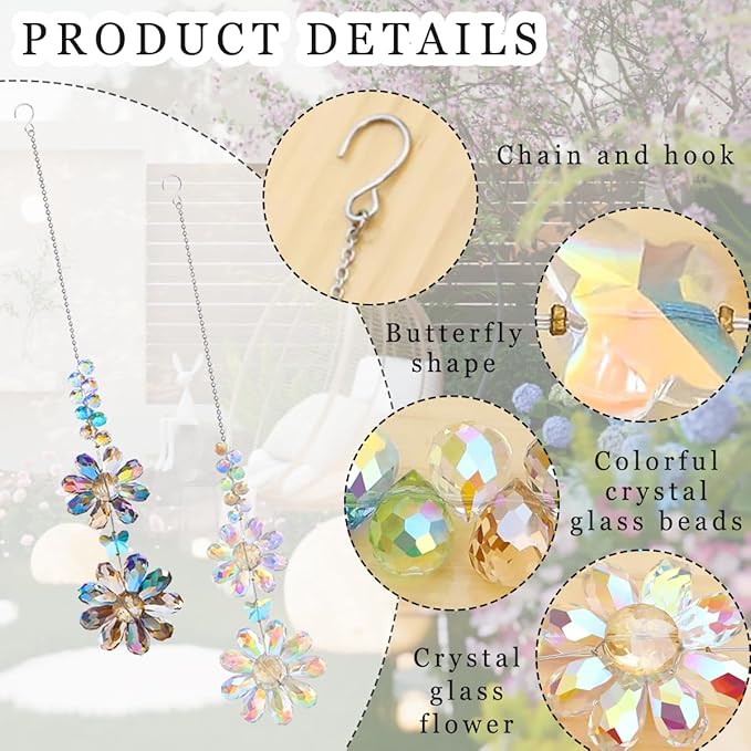 2 PCS Crystal Flower Sun Catcher Prisms Colorful Suncatcher Hanging Ornament Crystals Sunflower Rainbow Maker Suncatchers for Windows Hanging Indoor Outdoor Balcony Aesthetic Home Patio Garden Decor