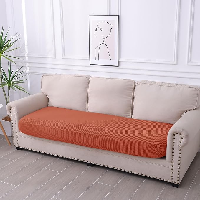 hyha Waterproof Couch Cushion Covers for Pets, Non Slip Sofa Seat Cover for Dogs Washable, Soft Thick Stretch Jacquard Fabric, Sofa Slipcovers with Elastic Bottom (1 Piece for Large, Rust)
