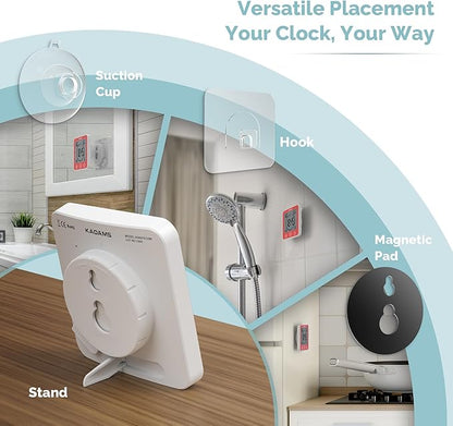 KADAMS Shower Clock Waterproof Bathroom Timer – Digital Wall Clock with Countdown, Magnetic Kitchen Clock with Temperature & Humidity, Suction Cup for Kids Shower Spa Sauna Cook Bath (Red)