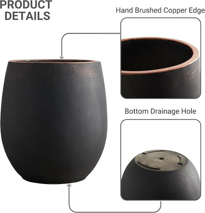Wallowa 13.3" Dia x 15.3" H Concrete Planter, Outdoor Planter, Black with Gold Rim, Flower Pot with Drainage Hole and Silicone Plug, Plant Container for Garden, Patio, Home, Office, 1 Pack